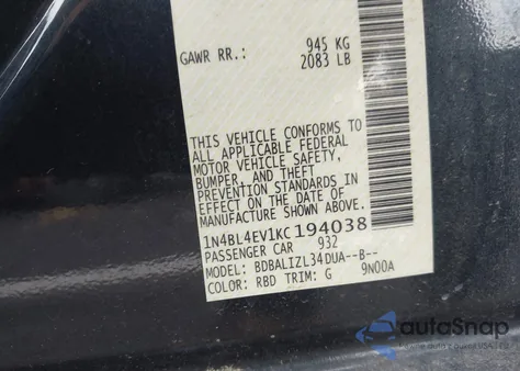 2019 Nissan Altima 2.5 Sl from USA, damaged, VIN 1N4BL4EV1KC194038